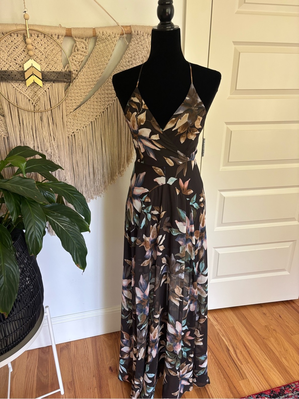 Astr Floral Halter Maxi Dress in Brown with Teal Accents